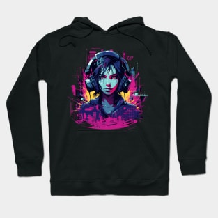 Retro Cyberpunk Woman in Headphones listening to music Hoodie